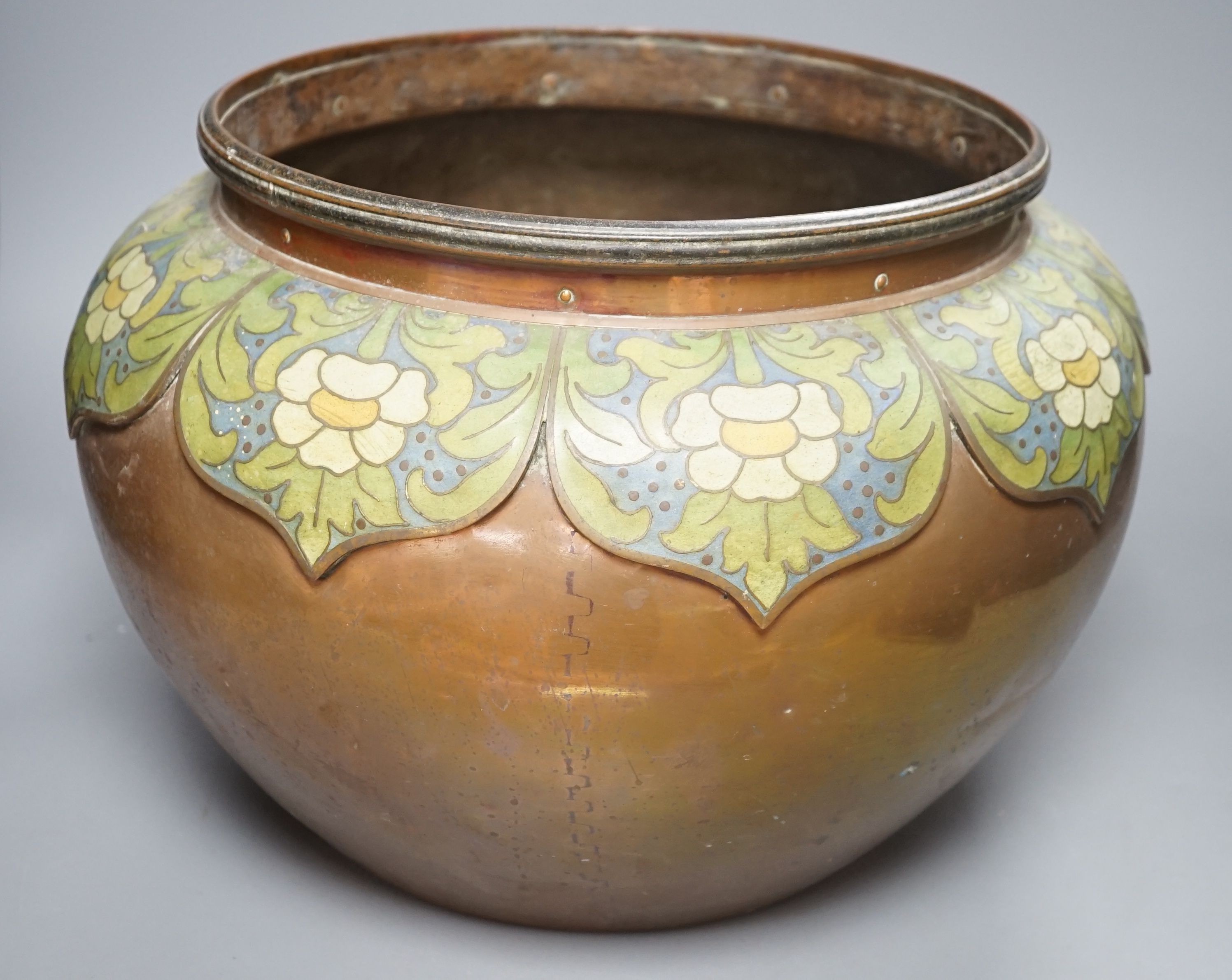 A large Arts and Crafts style copper and champleve enamel jardiniere-26.5 cms high.